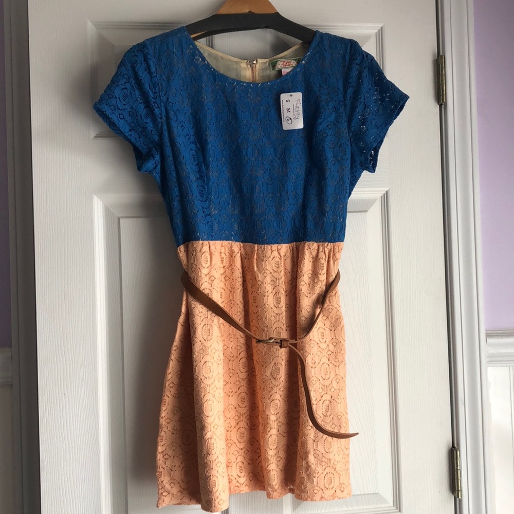 Pretty lace front two tone summer dress with belt